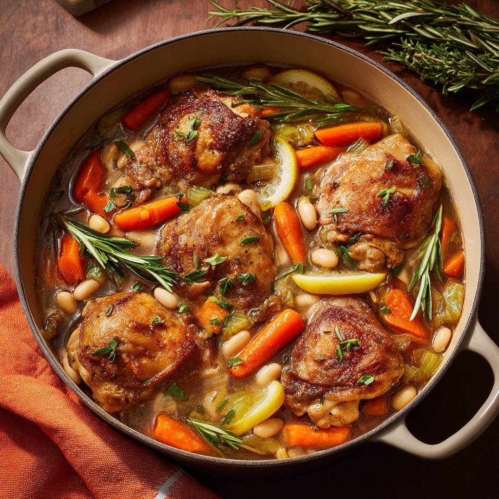 Knuspriges Zitronen Huhn Mit Bohnen Karotten Topfansicht 1 Knuspriges Zitronen-Hähnchen mit Bohnen, Lauch & Karotten als Topfansicht aus einem Schmortopf mit Kräutern und Zitrone.