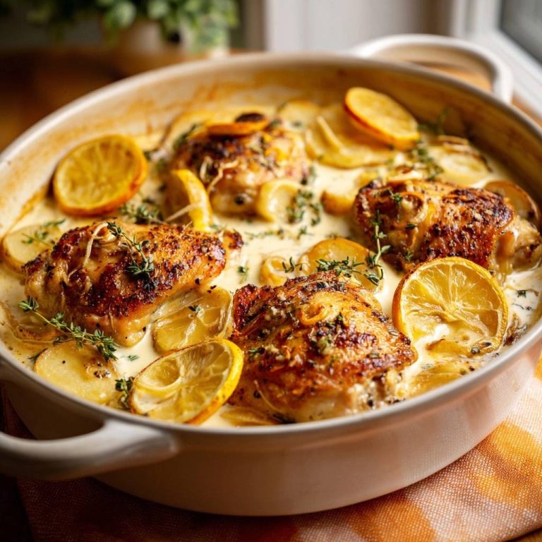 Knuspriges Zitronen-Hähnchen mit Thymian-Kartoffeln, serviert in einer cremigen Sauce mit Zitronenscheiben.