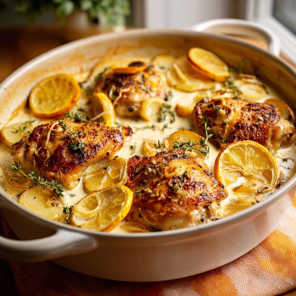 Knuspriges Zitronen-Hähnchen mit Thymian-Kartoffeln, serviert in einer cremigen Sauce mit Zitronenscheiben.