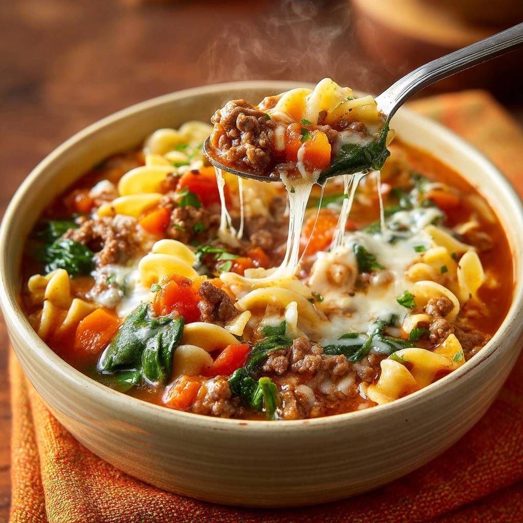 Kurbis Hack Fusilli Suppe Nahaufnahme Kaese 1 Cremige Kürbis-Hack-Fusilli-Suppe mit geschmolzenem Käse, nah aufgenommen mit einem Löffel kurz vor dem Servieren.