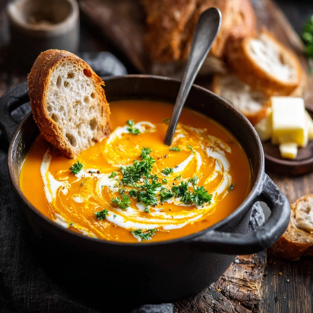 Cremige Kürbis-Karotten-Suppe mit einem Klecks Sahne und frischer Petersilie garniert in einer Schüssel