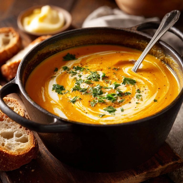 Cremige Kürbis-Karotten-Suppe, garniert mit einem Swirl aus Sahne und frischer Petersilie, serviert in einem schwarzen Gusseisentopf.