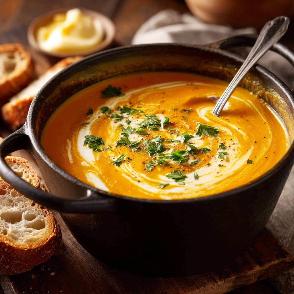 Cremige Kürbis-Karotten-Suppe, garniert mit einem Swirl aus Sahne und frischer Petersilie, serviert in einem schwarzen Gusseisentopf.