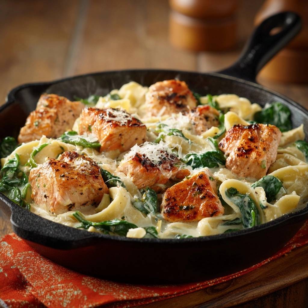 Cremige Lachs-Spinat-Tagliatelle serviert in einer schwarzen Gusseisenpfanne mit geriebenem Parmesan.
