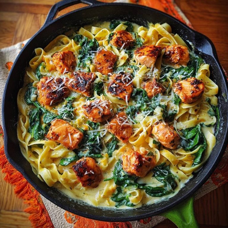 Cremige Lachs-Spinat-Tagliatelle, serviert in einer gusseisernen Pfanne mit garniertem Lachs und Parmesan.