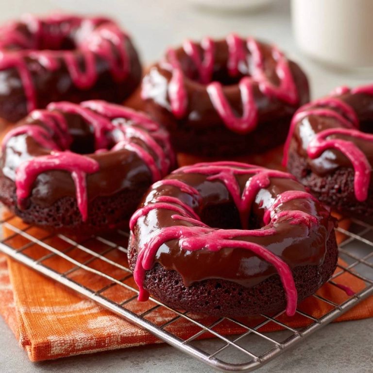 Luftige Schoko-Donuts mit Pink-Schoko-Guss auf einem silbernen Kühlgitter mit orangem Tuch darunter