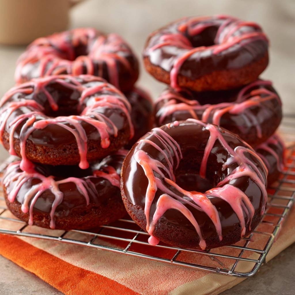 Luftige Schoko-Donuts mit Pink-Schoko-Guss, detailreiche Nahaufnahme des glasierten Gebäcks mit rosa Zuckerguss-Streifen.