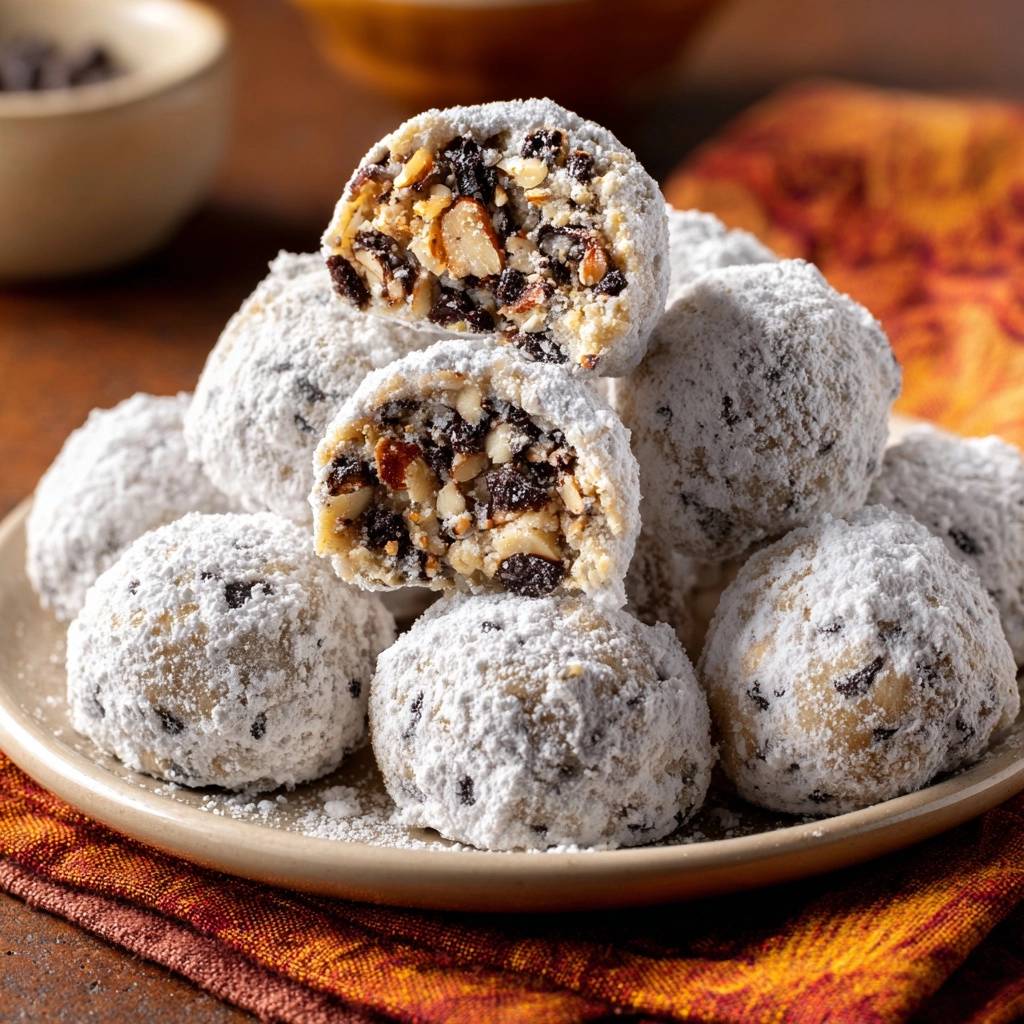 Mandel Schoko Schneeballchen Angeschnitten 1 Mandel-Schoko-Schneebällchen angeschnitten, die innen mit Nüssen und Rosinen gefüllt sind und mit Puderzucker bestäubt sind.