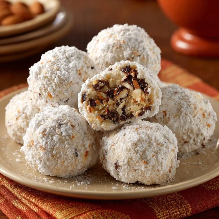 Mandel-Schoko-Schneebällchen im Anschnitt, die das saftige Innere mit Mandeln und Schokolade zeigen.