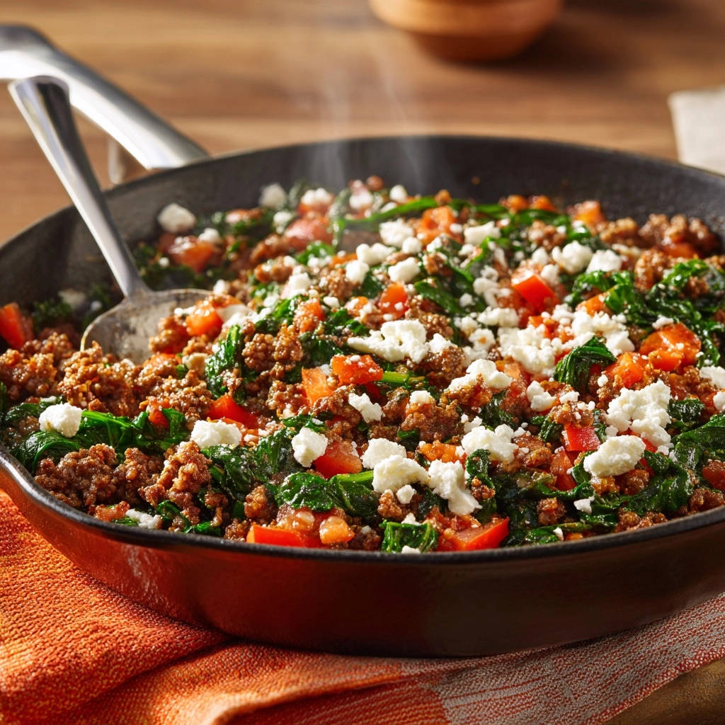 Mediterrane Hackpfanne mit Spinat und Feta als Detailaufnahme mit dampfendem Hackfleisch und zerbröckeltem Feta.