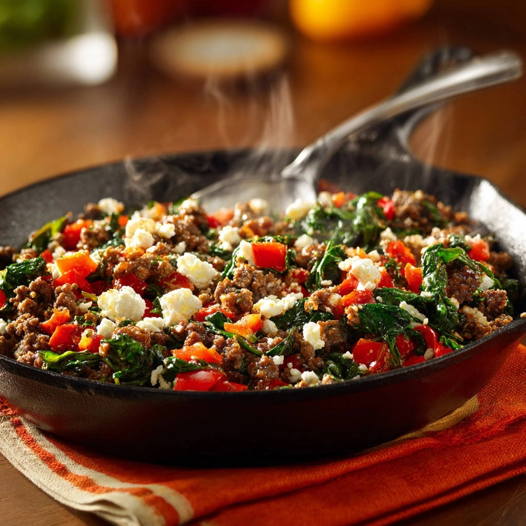 Mediterrane Hackpfanne mit Spinat und Feta, dampfend in einer Gusseisenpfanne serviert, mit einem Löffel zum Servieren.