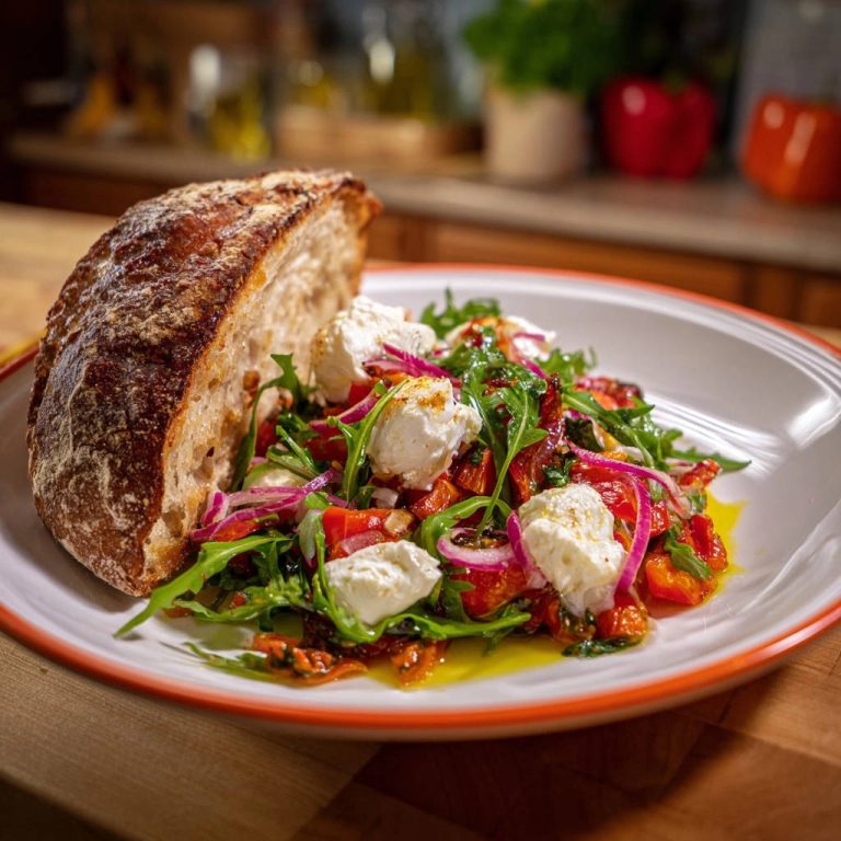 Mediterraner Rucola-Salat mit cremigem Käse, Nahaufnahme mit Brot und frischen Zutaten, ein Umami-Booster.