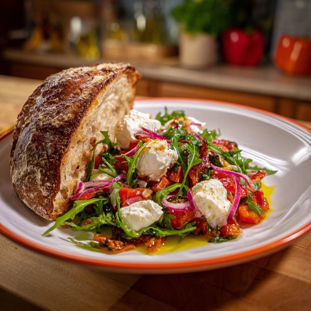 Mediterraner Rucola-Salat mit cremigem Käse, Nahaufnahme mit Brot und frischen Zutaten, ein Umami-Booster.