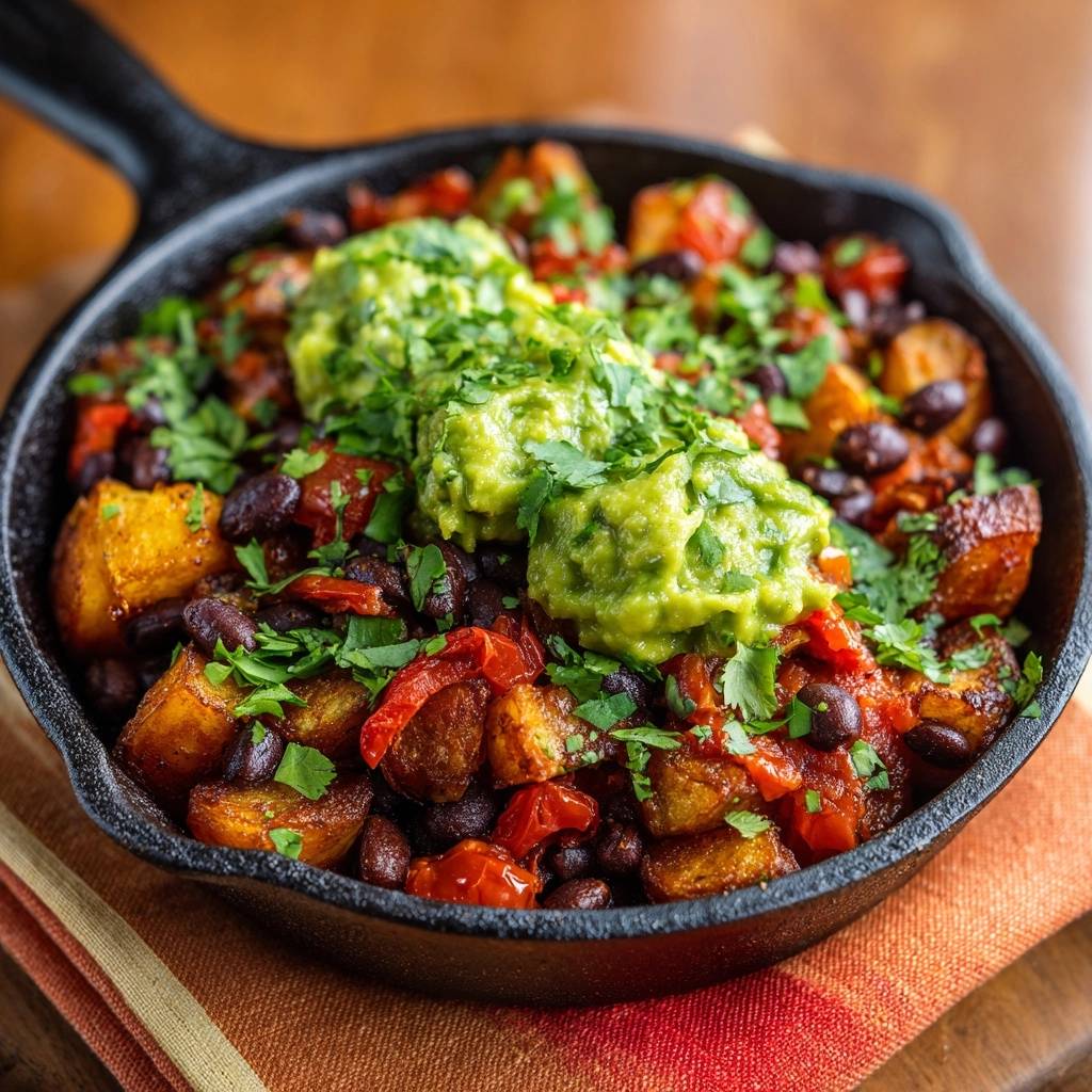 Mexikanischer Kartoffel-Bohnen-Hash, knusprig vegan, garniert mit Guacamole und Koriander in einer gusseisernen Pfanne.