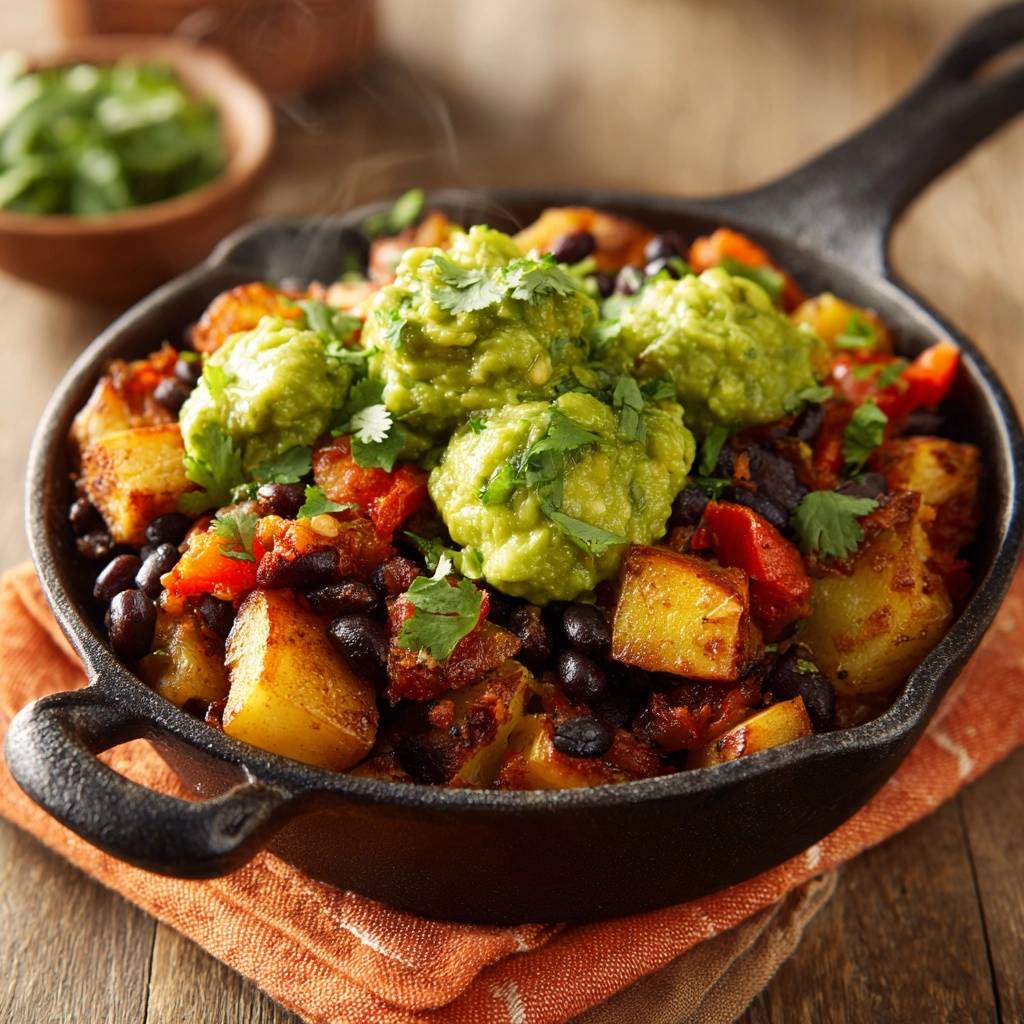 Mexikanischer Kartoffel-Bohnen-Hash, garniert mit frischer Guacamole und Koriander in einer Gusseisenpfanne.