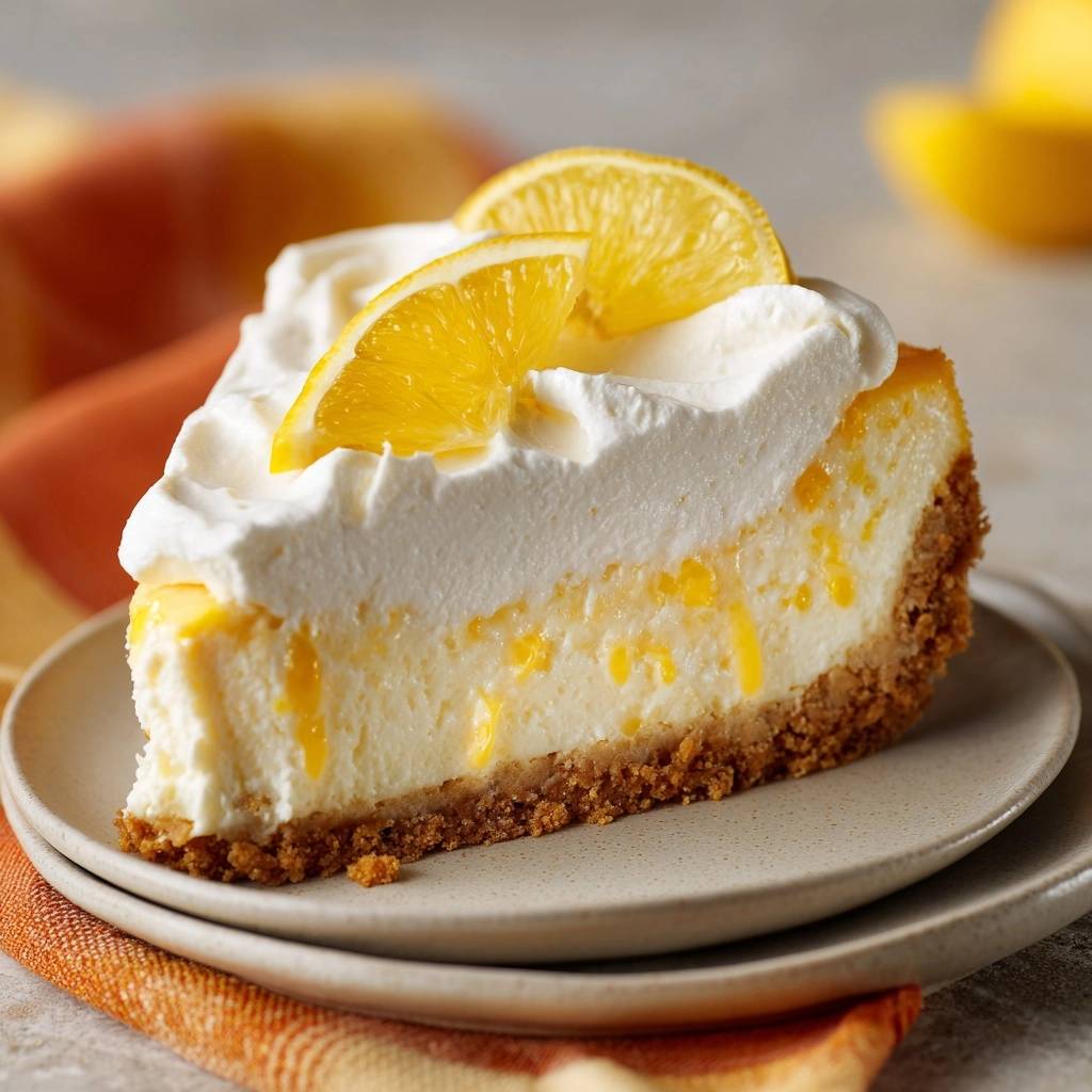 No Bake Zitronen Creme Torte Angeschnitten 1 No-Bake Zitronen-Creme-Torte als einzelnes Stück auf einem Teller mit Zitronenscheiben und Schlagsahne garniert.