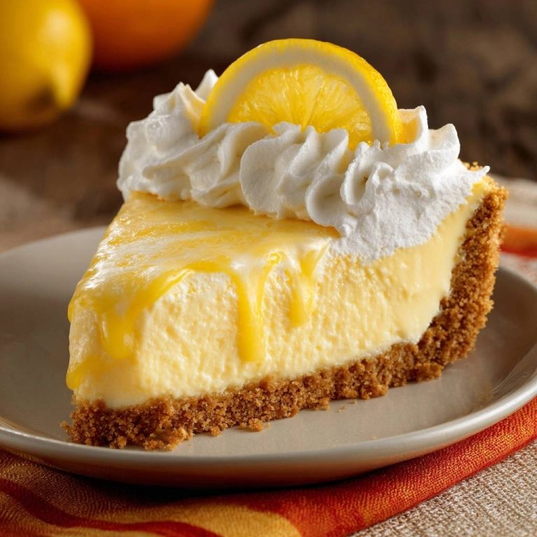 No-Bake Zitronen-Creme-Torte angeschnitten auf einem Teller, garniert mit Schlagsahne, Zitronenscheibe und Zitronenguss.