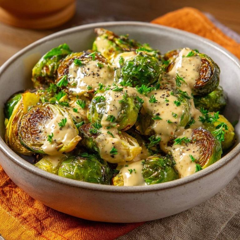 Knuspriger Ofen-Rosenkohl mit cremiger Senfsauce, im Detail mit Petersen und Sauce übergossen und garniert.