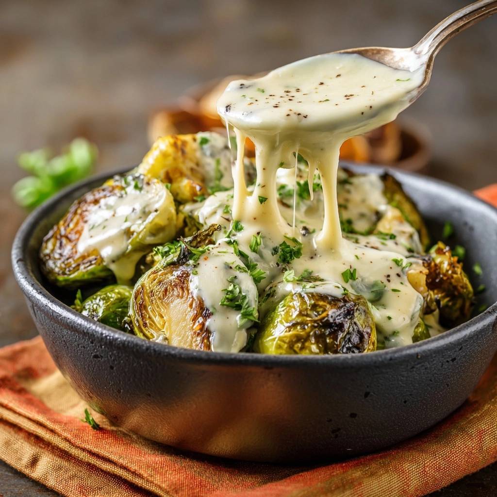 Ofen Rosenkohl Kaesesosse Detail Kaese Zieht 1 Knuspriger Ofen-Rosenkohl mit cremiger Käsesoße, bei dem geschmolzener Käse von einem Löffel zieht.