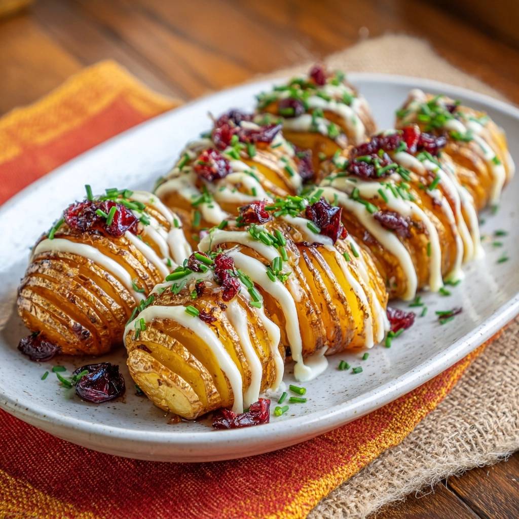 Knusprige Ofenkartoffeln mit Cranberry-Creme, garniert mit getrockneten Cranberries und Schnittlauch, auf einem Teller serviert.