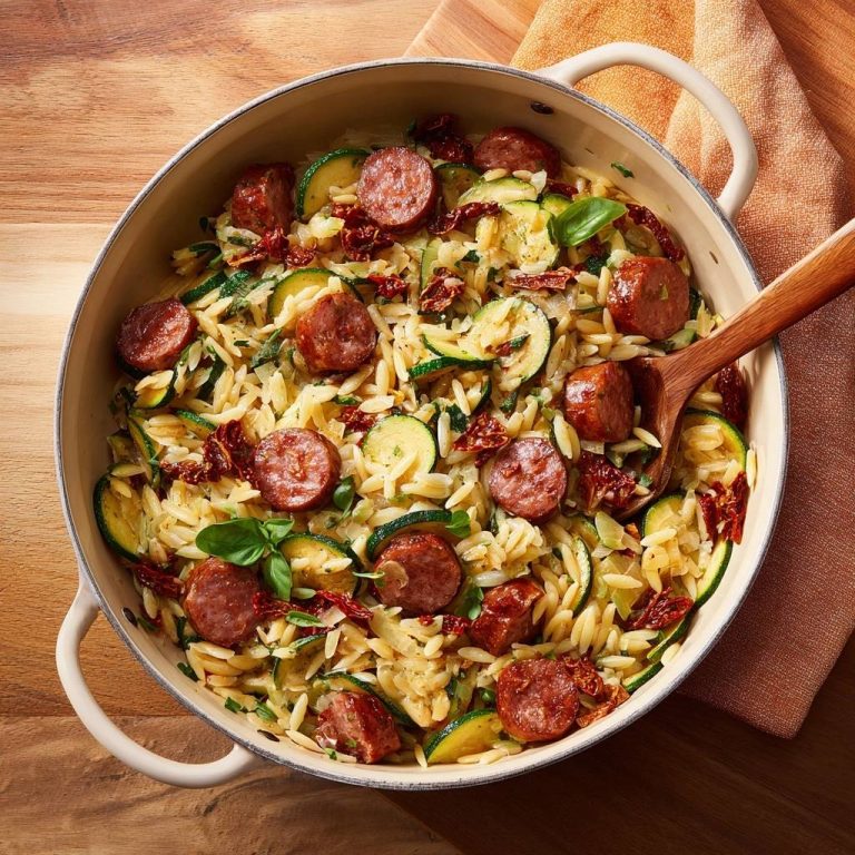 One-Pot-Orzo mit Zucchini, Paprikawurst und Sonnentomaten, im Kochtopf von oben mit Holzlöffel serviert.
