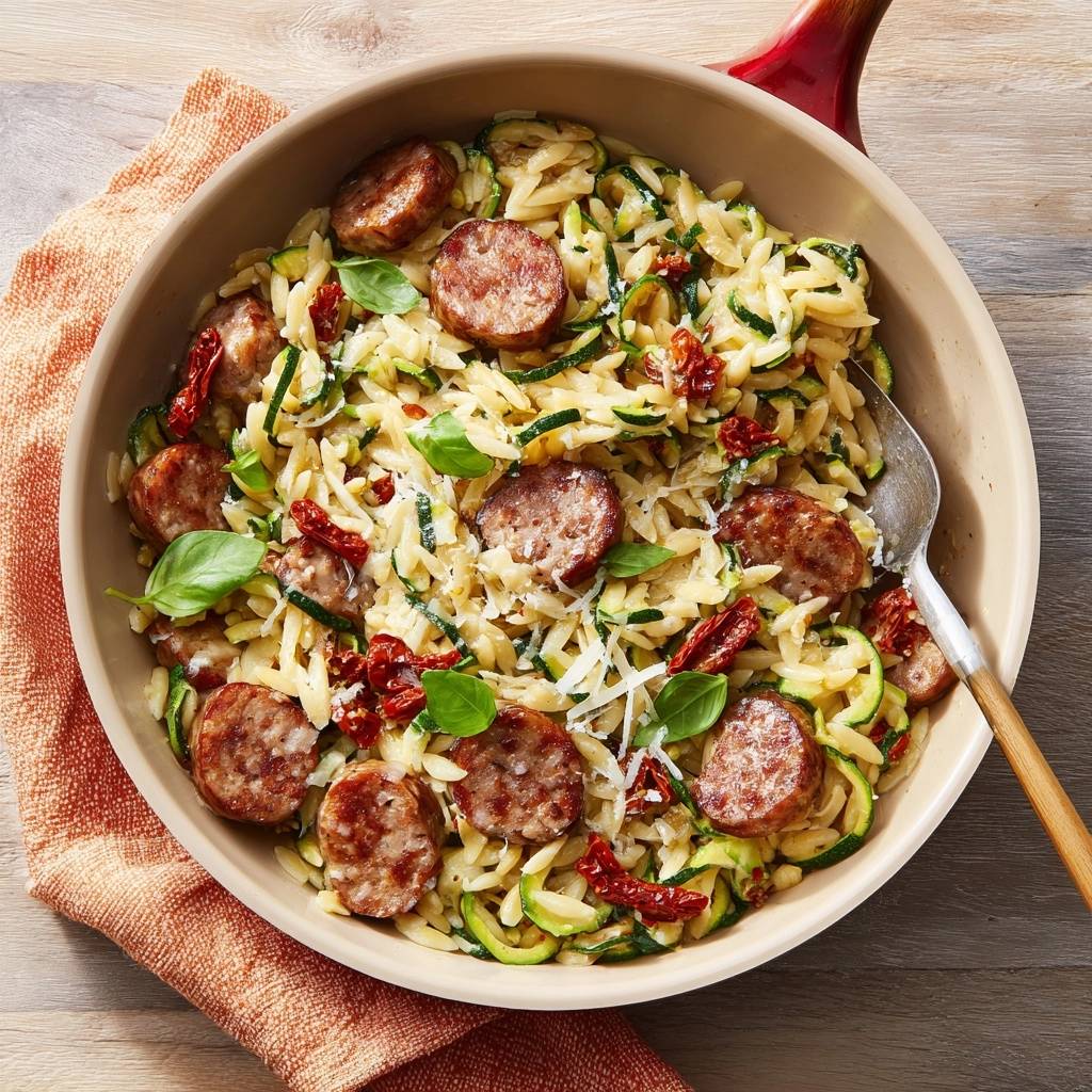 One-Pot-Orzo mit Zucchini, Paprikawurst und Sonnentomaten, eine oberste Ansicht des Gerichts in einer Schüssel mit einer Löffel.