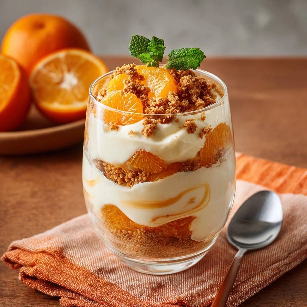 Orangen-Joghurt-Parfait mit Minze garniert und Krümeln, geschichtet in einem Glas mit Orangenstücken.