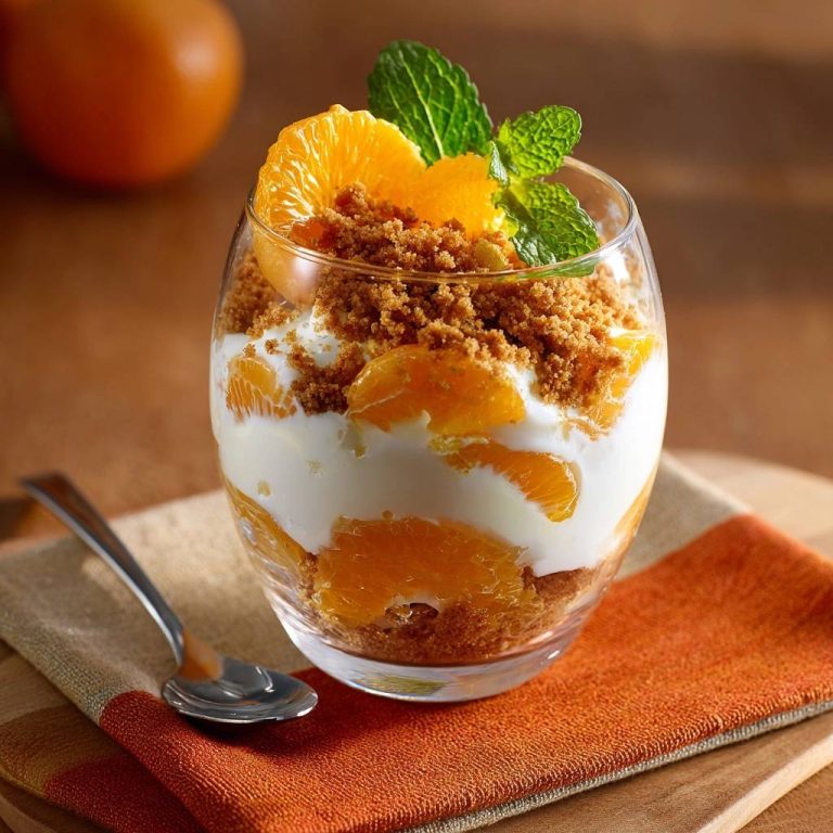 Orangen-Joghurt-Parfait mit frischer Minze und Orangenscheibe als Garnitur serviert in einem Glas.