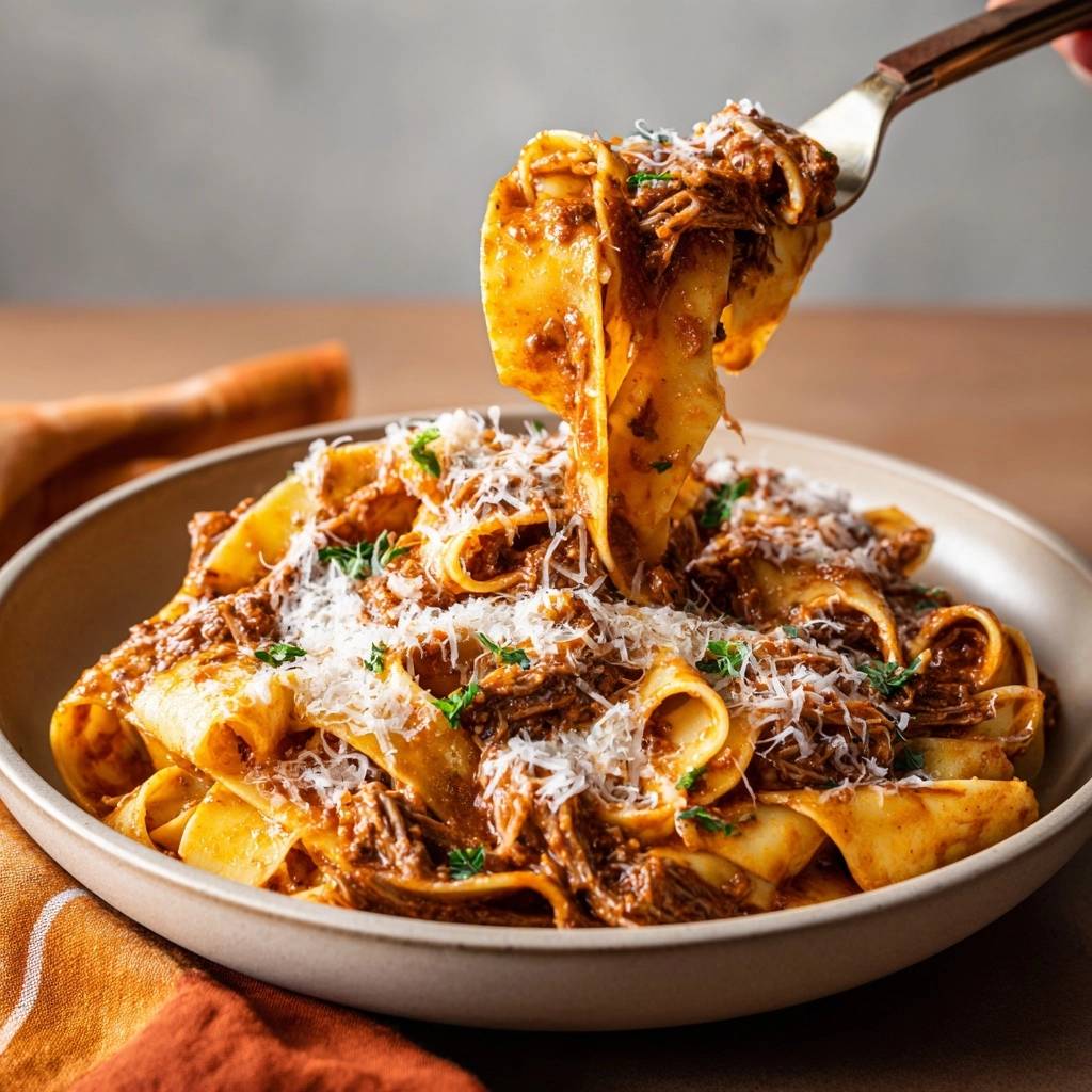Pappardelle mit Rindfleisch-Ragù auf einer Gabel hochgehoben, mit geriebenem Parmesan bestreut.