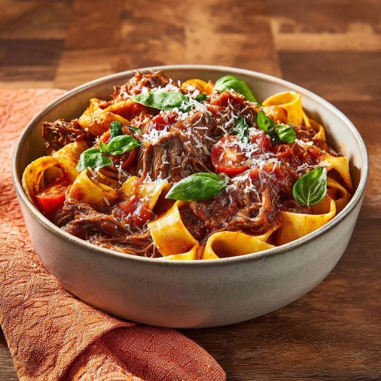 Pappardelle mit butterweichem Rindfleisch-Ragù, eine Nahaufnahme mit frischem Basilikum und geriebenem Parmesan.