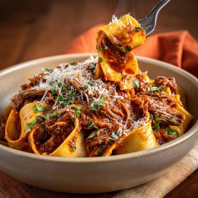 Pappardelle mit Rindfleisch-Ragù, eine Gabel hebt eine Portion Nudeln mit Sauce und Käse aus der Schüssel.