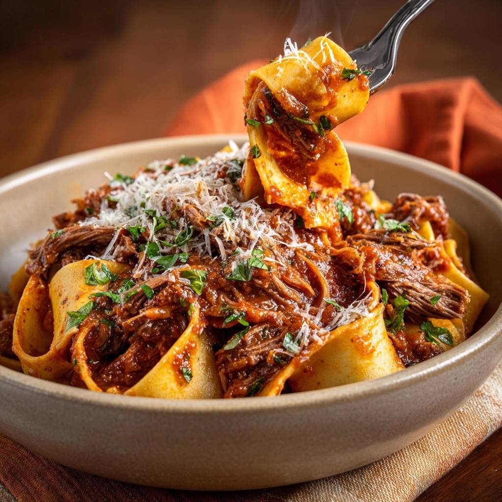 Pappardelle mit Rindfleisch-Ragù, eine Gabel hebt eine Portion Nudeln mit Sauce und Käse aus der Schüssel.