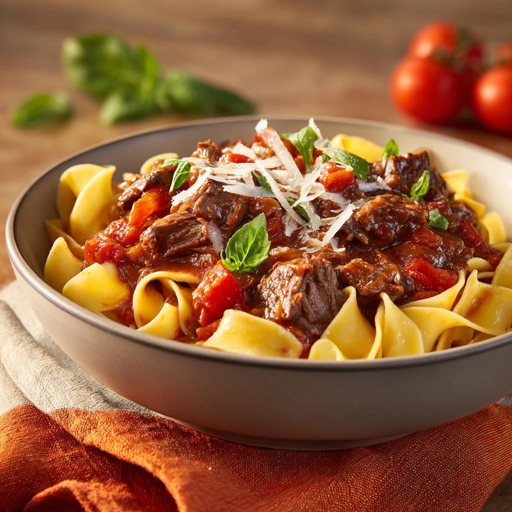 Pappardelle mit butterweichem Rindfleisch-Ragù, nahaufnahme mit frischem Basilikum und Parmesan garniert
