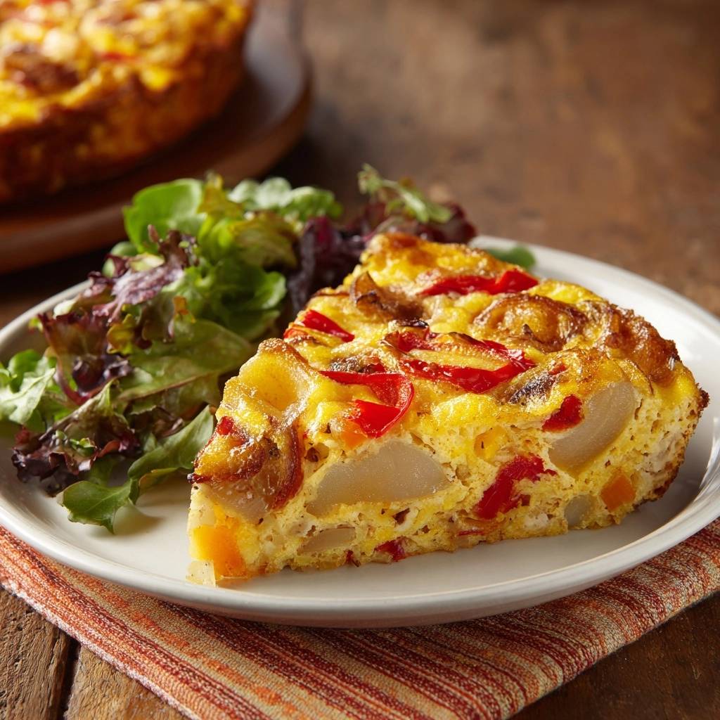Paprika Zwiebel Tortilla Angeschnitten Mit Salat 1 Knusprige Paprika-Zwiebel-Tortilla angeschnitten auf einem Teller mit Salat serviert, zeigt die einzelnen Zutaten im Inneren.
