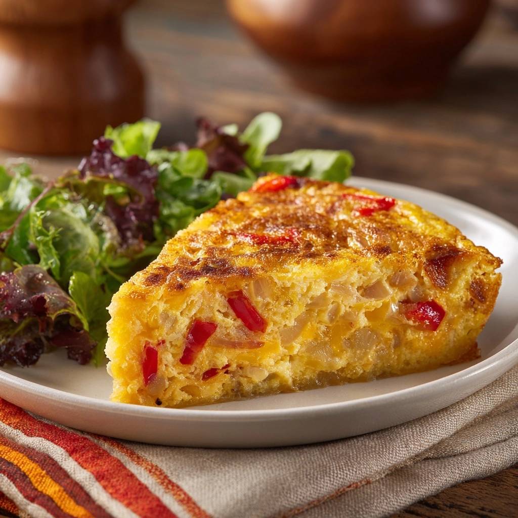 Knusprige Paprika-Zwiebel-Tortilla als angeschnittenes Stück mit Salat auf einem Teller serviert