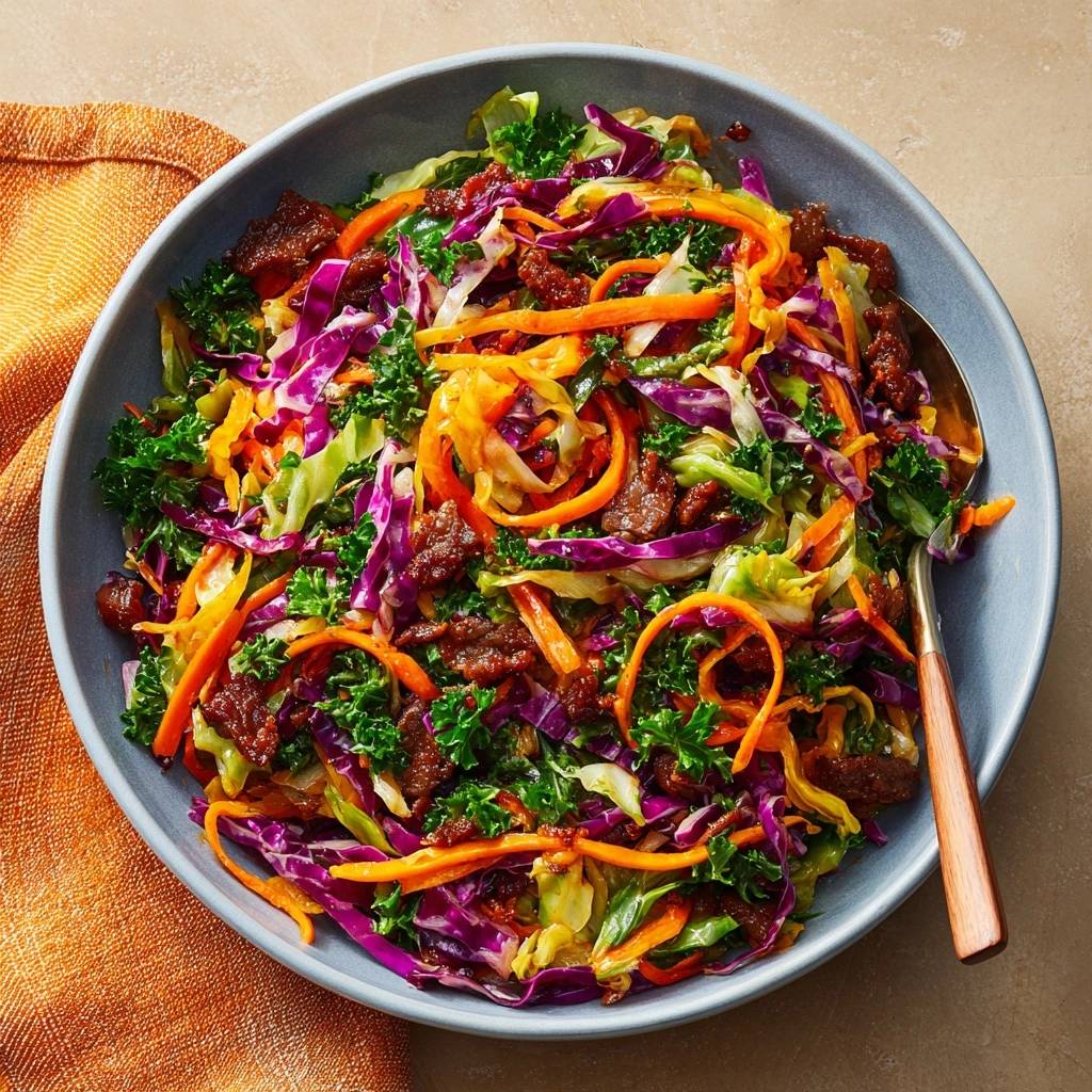 Knackiger Rind-Kohl-Wok mit karottenstreifen und Rotkohl in einer blauen Schüssel, Detailaufnahme von oben.