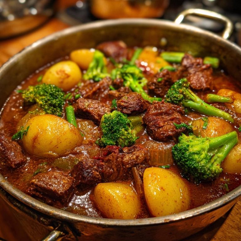 Herzhafter Rinder-Schmortopf mit Kartoffeln und Brokkoli, eine Nahaufnahme mit zarten Fleischstücken, Kartoffeln und Brokkoli in der Sauce.