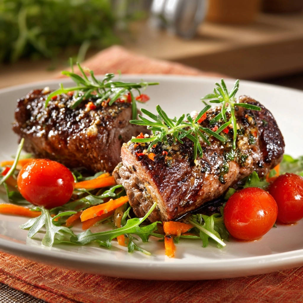 Saftiges Rinderfilet auf knackigem Rucola mit Tomaten und Kräutern, nahaufnahme des angerichteten Gerichts