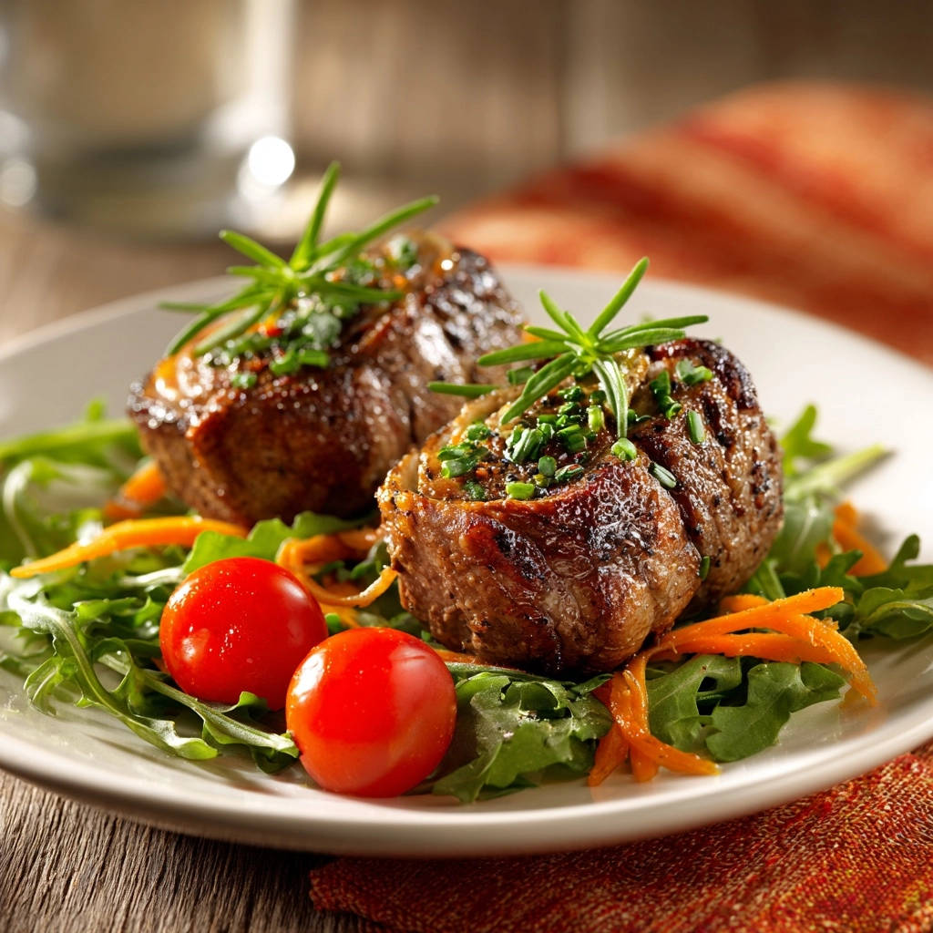 Rinderfilet Garniert Mit Rosmarin 1 Saftiges Rinderfilet auf knackigem Rucola, garniert mit Rosmarin und Kirschtomaten, nahaufnahme.