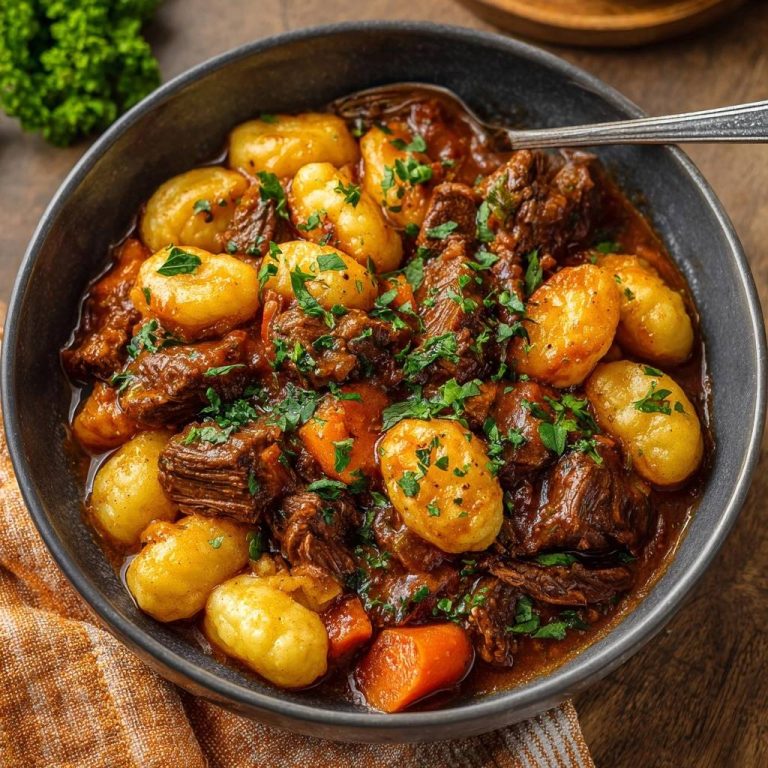 Rindergulasch mit Gnocchi, eine Nahaufnahme des herzhaften Gerichts mit zarten Fleischstücken und goldbraunen Gnocchi, garniert mit Petersilie.