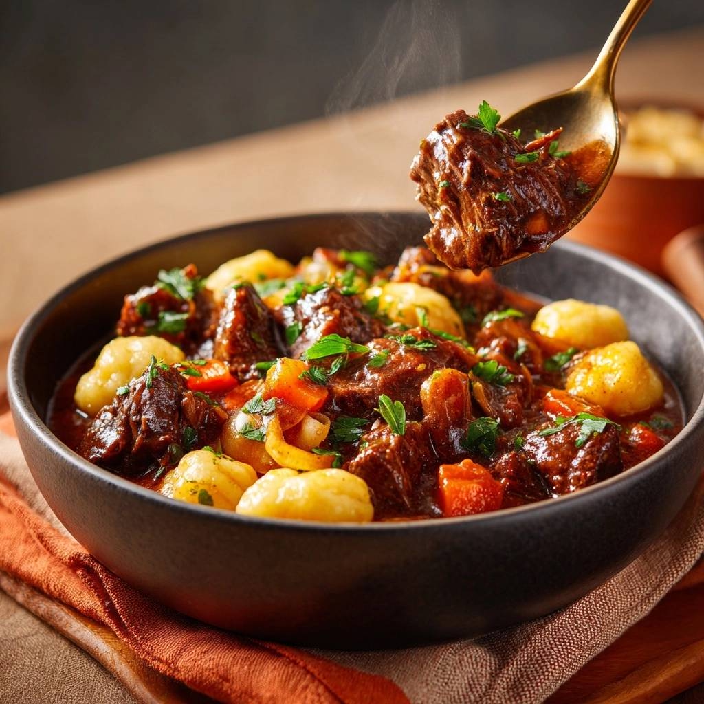 Rindergulasch Mit Gnocchi Goldener Loeffel 1 Rindergulasch mit Gnocchi, serviert in einer Schüssel, mit einem goldenen Löffel, der ein Stück Fleisch heraushebt.