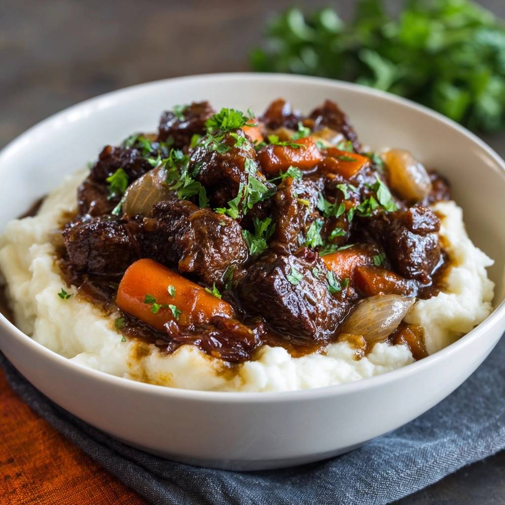 Rindergulasch mit Karotten auf cremigem Kartoffelpüree, serviert in einer weißen Schüssel mit frischer Petersilie garniert.