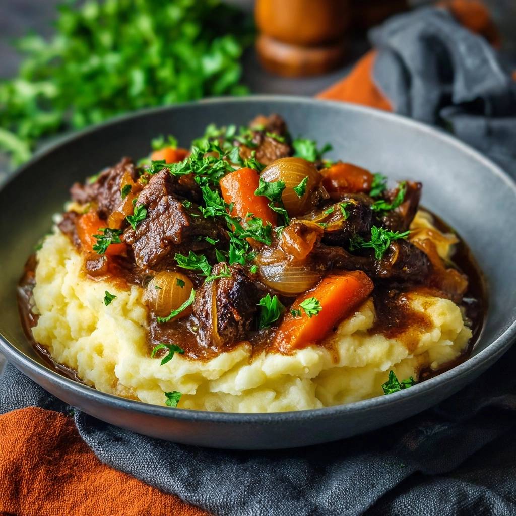 Rindergulasch mit Karotten auf cremigem Kartoffelpüree, großzügig garniert mit frischer Petersilie in einer grauen Schüssel.