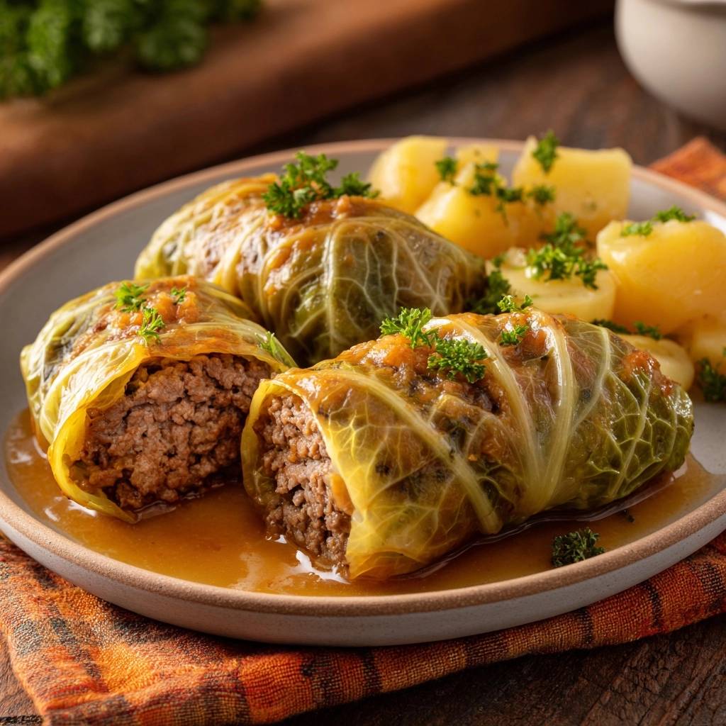 Saftige Rinderkohlrouladen mit Petersilienkartoffeln, eine Roulade angeschnitten, die das herzhafte Hackfleisch im Inneren zeigt.