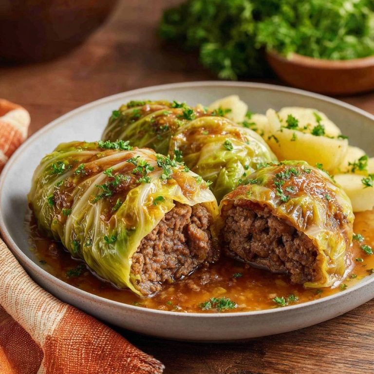 Saftige Rinderkohlrouladen mit Petersilienkartoffeln, eine angeschnittene Roulade zeigt das herzhafte Hackfleisch und die Sauce.