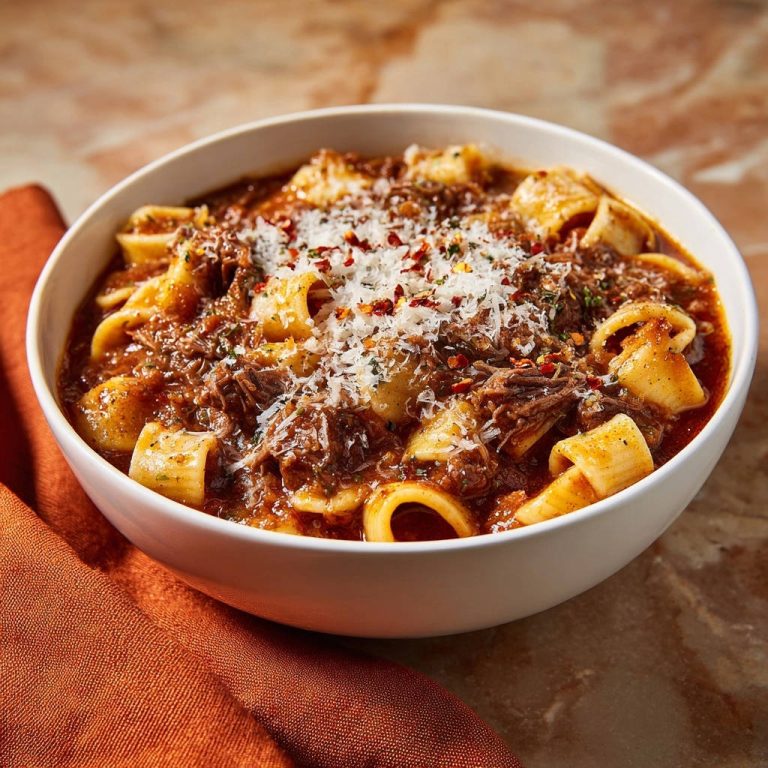 Herzhaftes Rinderragu mit Paccheri, garniert mit geriebenem Parmesan und Chiliflocken in einer weißen Schüssel