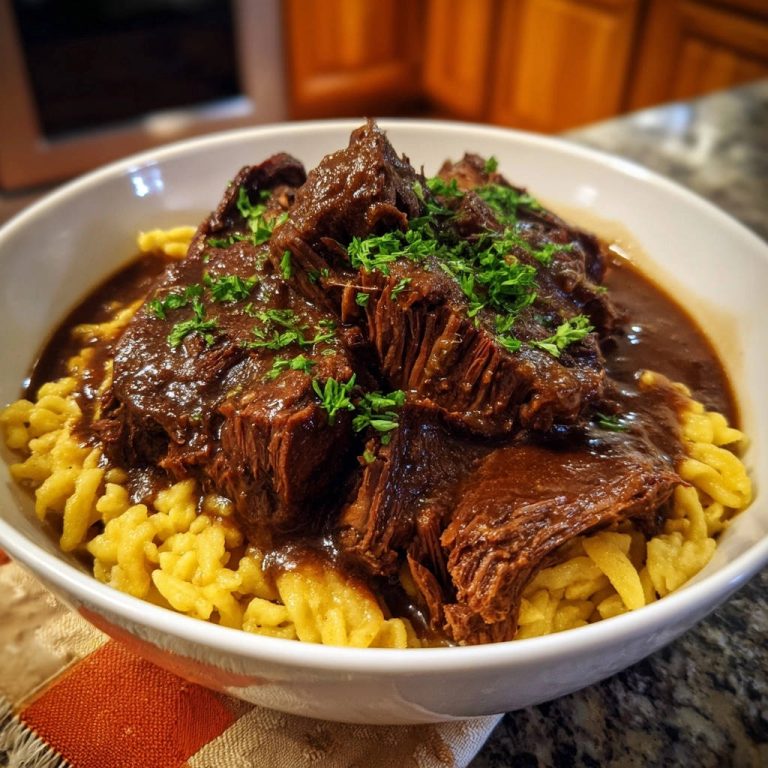 Herzhafter Rinderschmorbraten mit Spätzle, eine Nahaufnahme des zarten Fleisches in dunkler Sauce auf gelben Spätzle, garniert mit Petersilie.