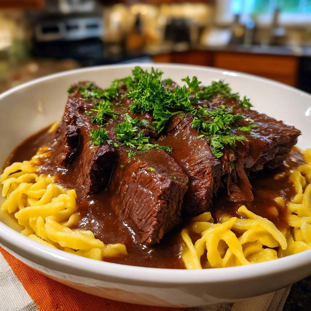 Herzhafter Rinderschmorbraten mit Spätzle, serviert in einer Schüssel und mit frischer Petersilie garniert.