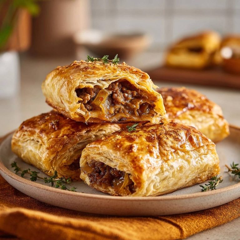 Knusprige Rindfleisch-Blätterteig-Päckchen angeschnitten, die den herzhaften Fleisch- und Zwiebel-Füllung zeigen.