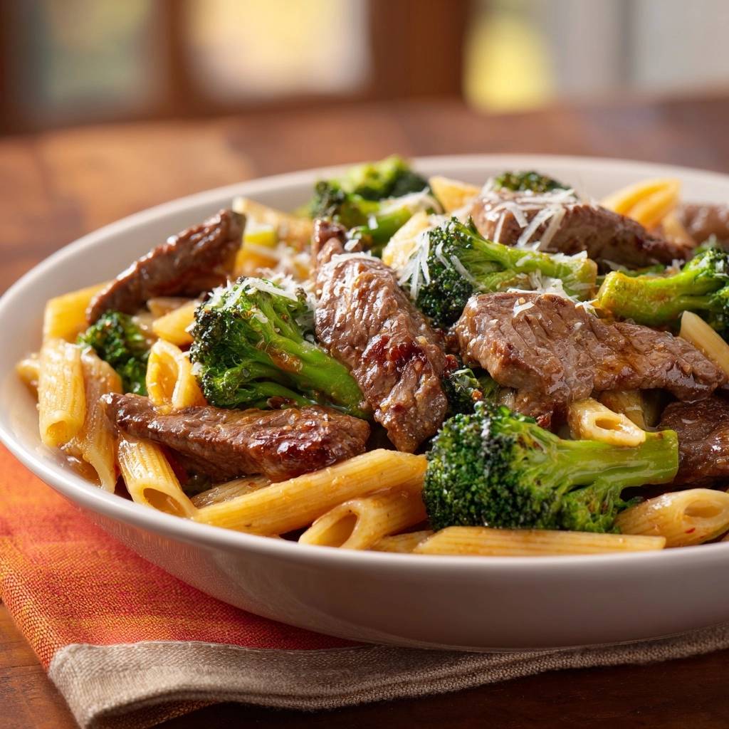 Rindfleisch Rigatoni Mit Brokkoli Nahaufnahme 1 Saftiger Rindfleisch-Rigatoni mit Brokkoli, eine Nahaufnahme der Nudeln, des Fleisches und des Gemüses in einer Schüssel.